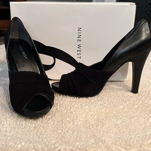 Nine West, black suede & leather open toe heels